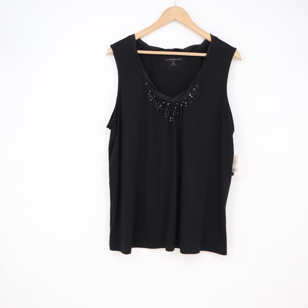 Croft & Barrow Tank Top Womens 1X Black Sequin V-Neck Stretch New